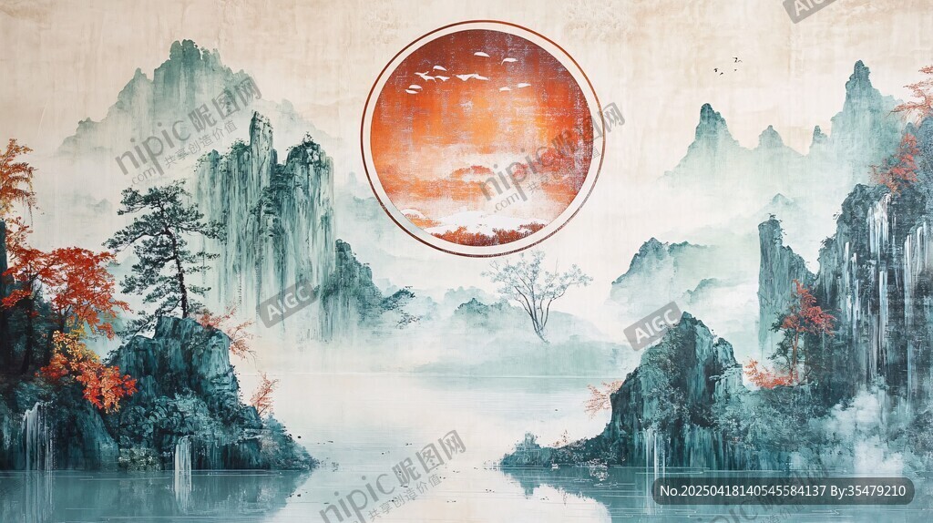 中式山水間的奇幻紅月景觀