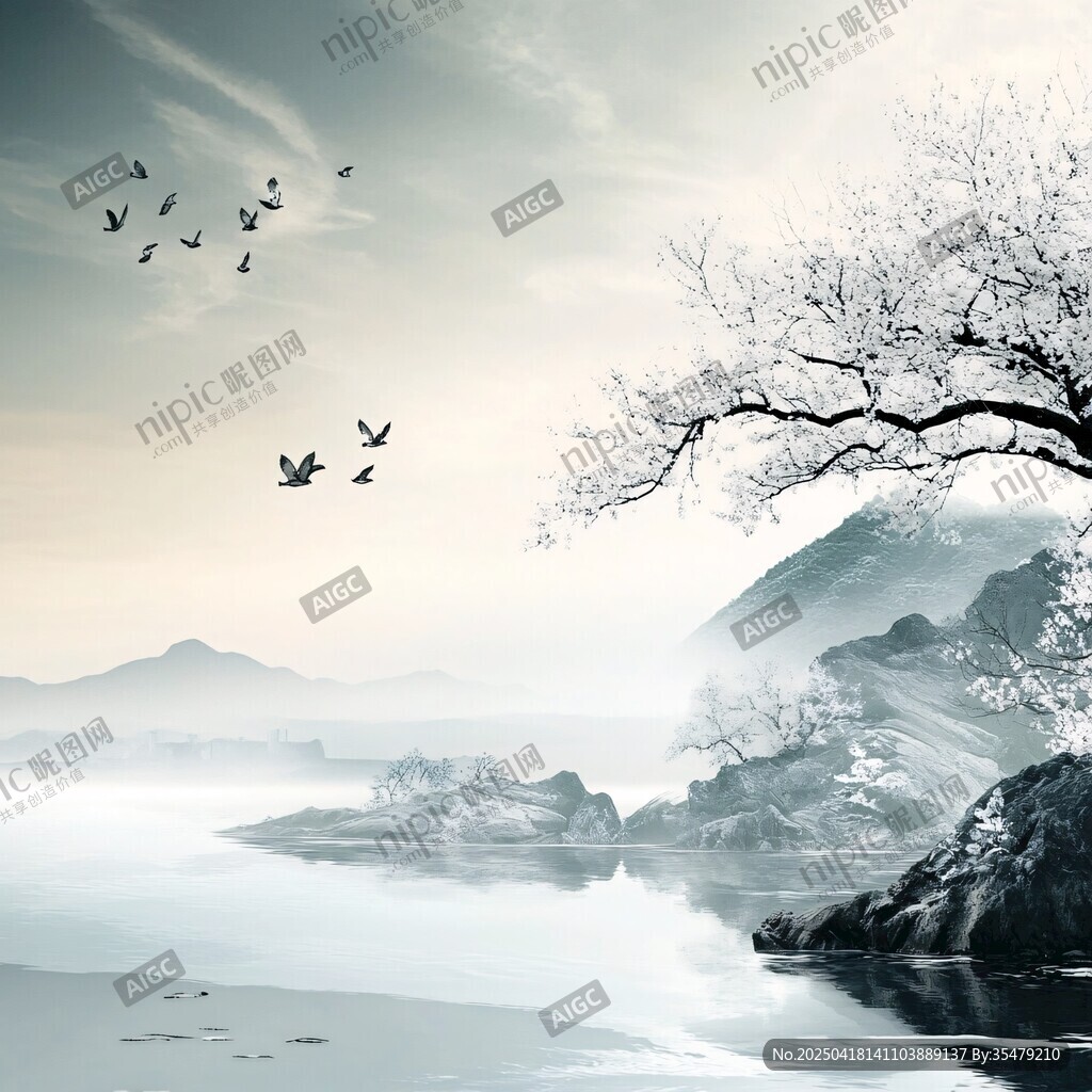 水墨山水間飛鳥伴樹景