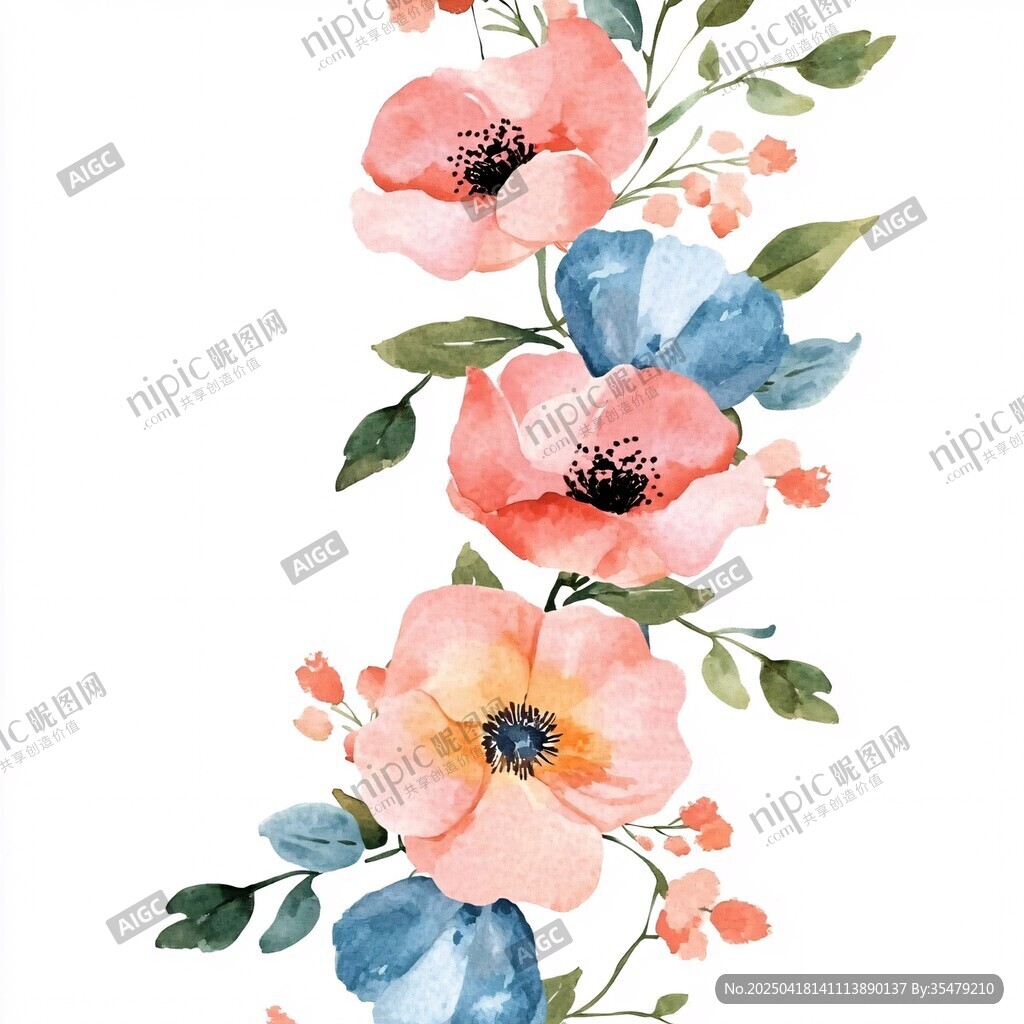 水彩花卉垂直排列裝飾圖案