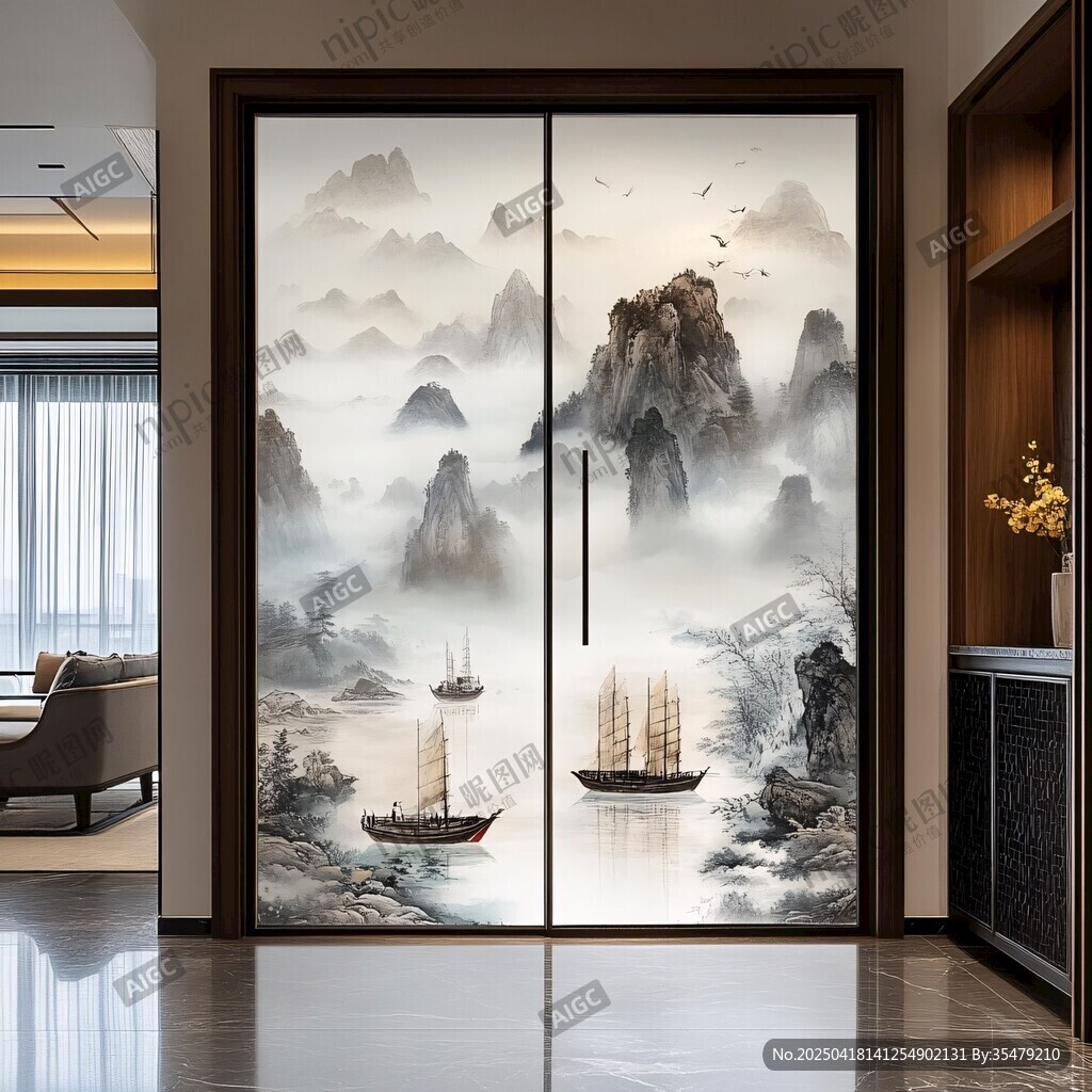 中式山水意境玻璃移門