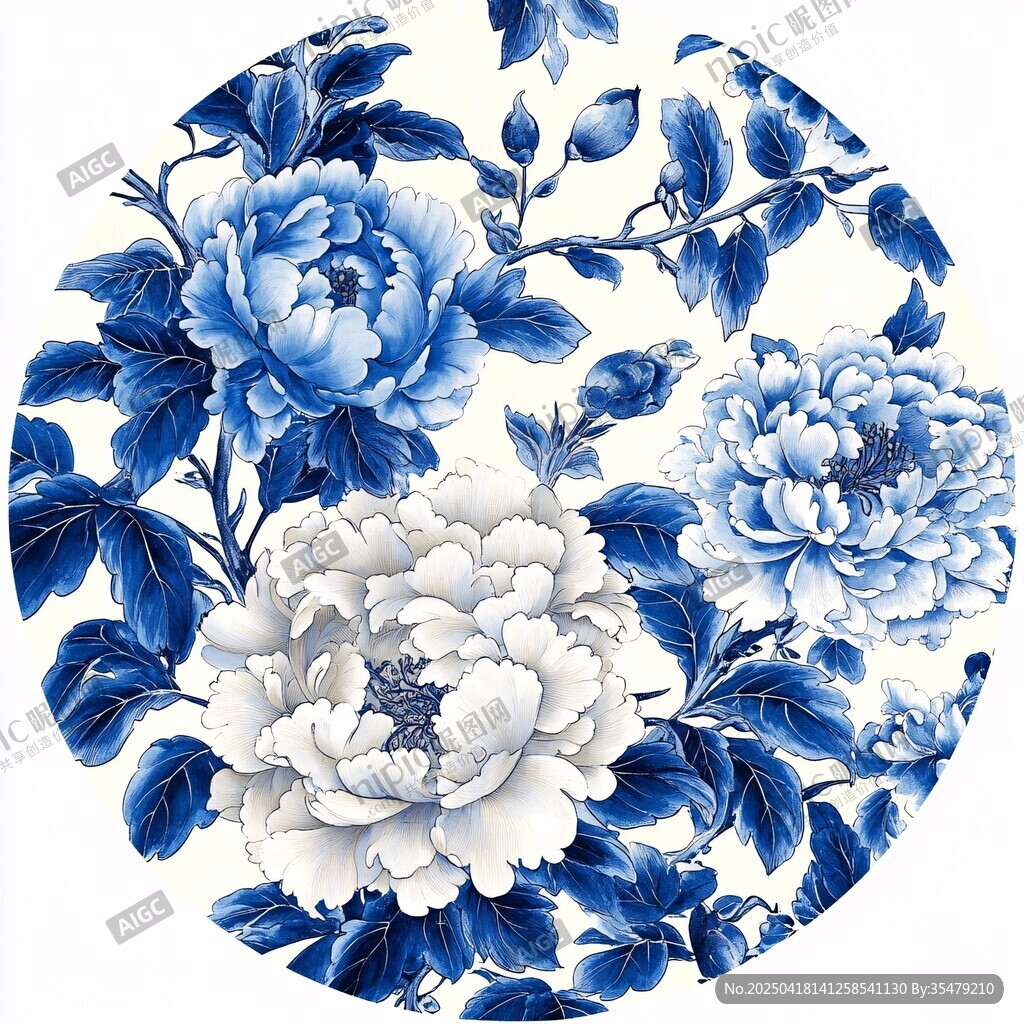 青花瓷風(fēng)牡丹花卉圖案