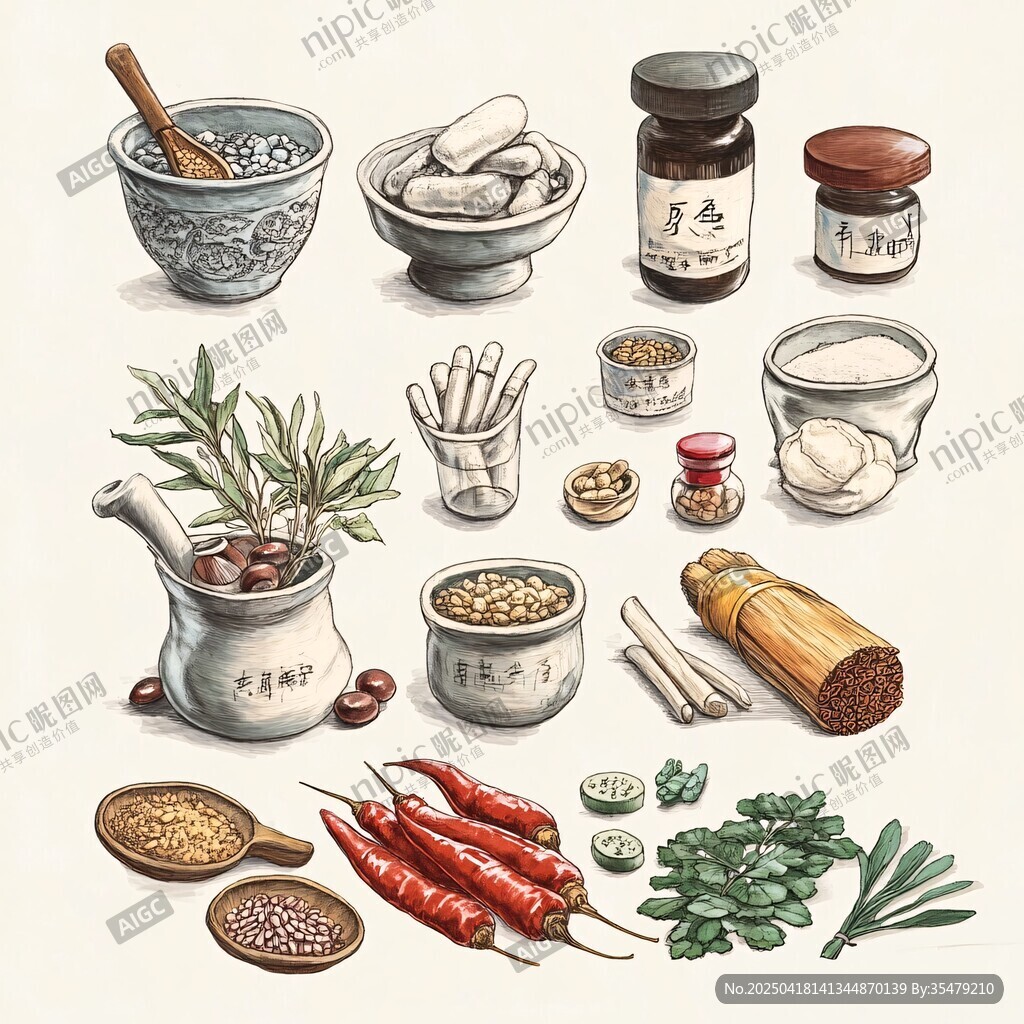 中式傳統(tǒng)調(diào)料與藥材插畫