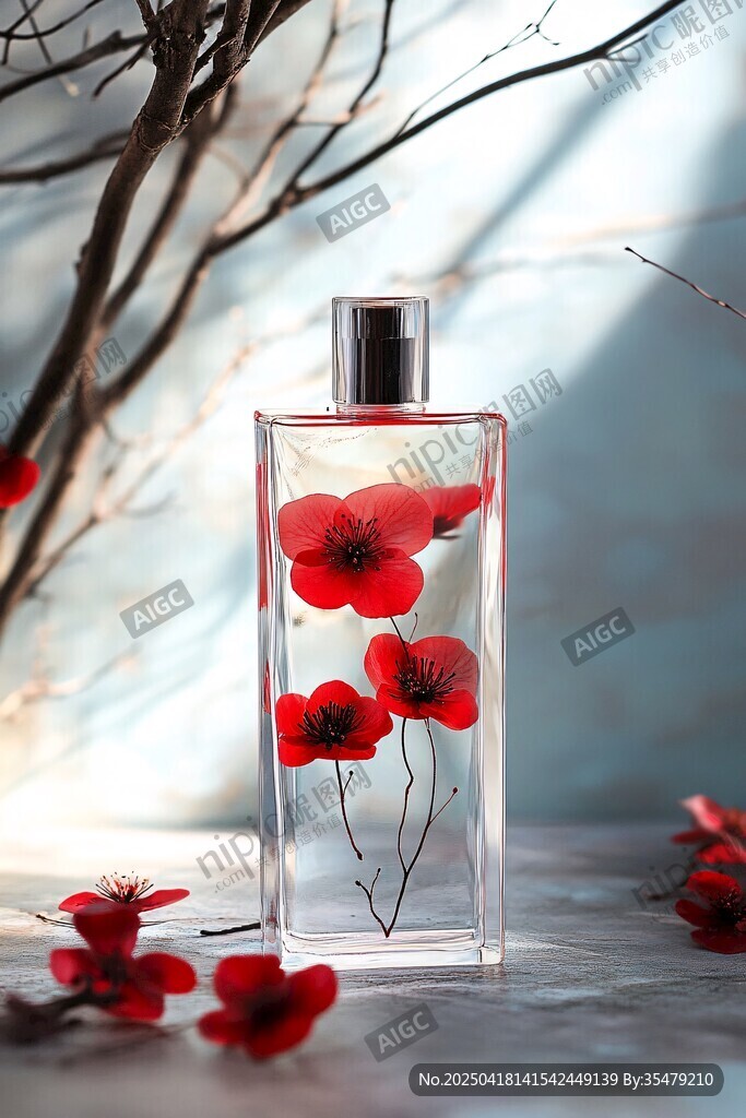 瓶中綻紅花的唯美香水瓶