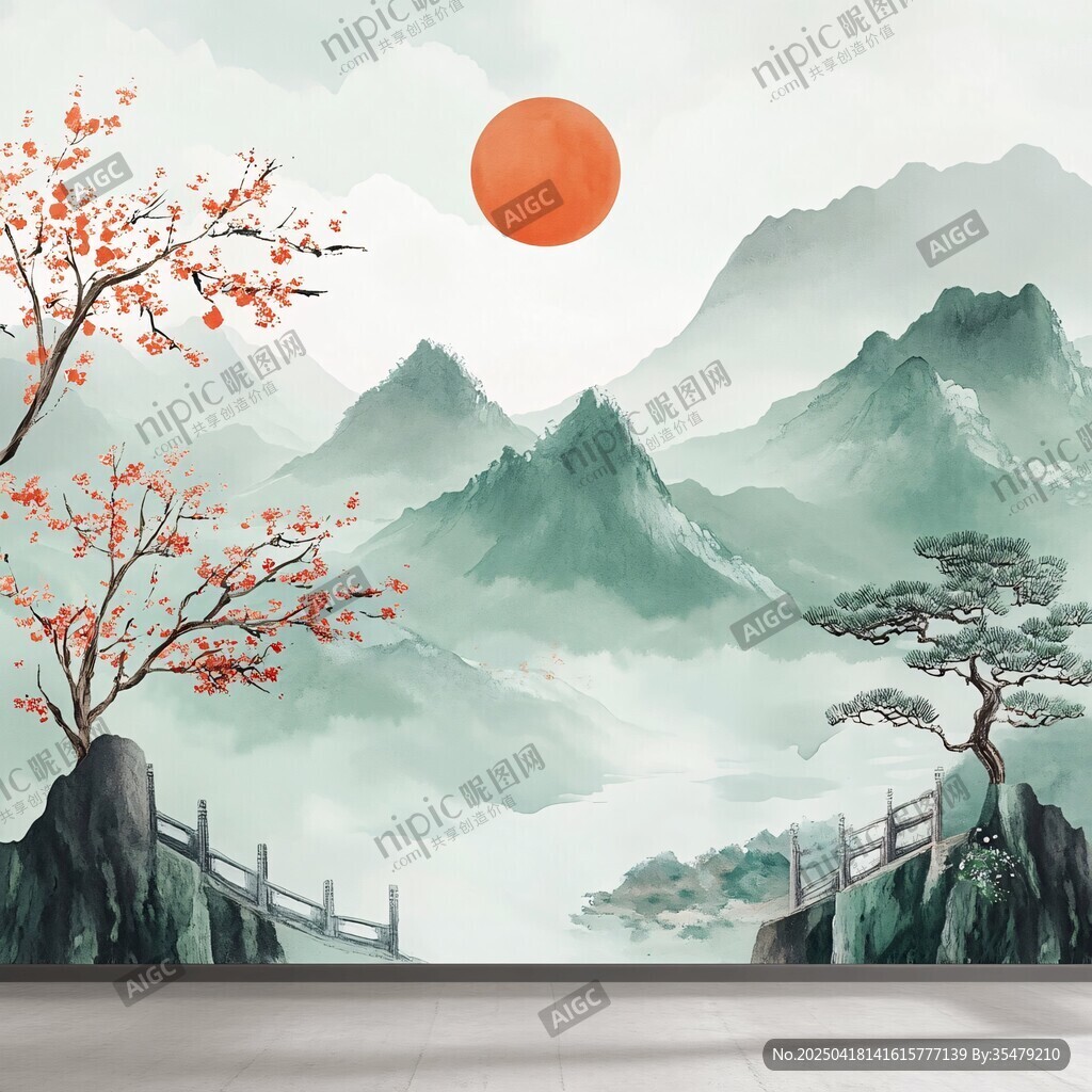 中式山水旭日紅葉景觀圖