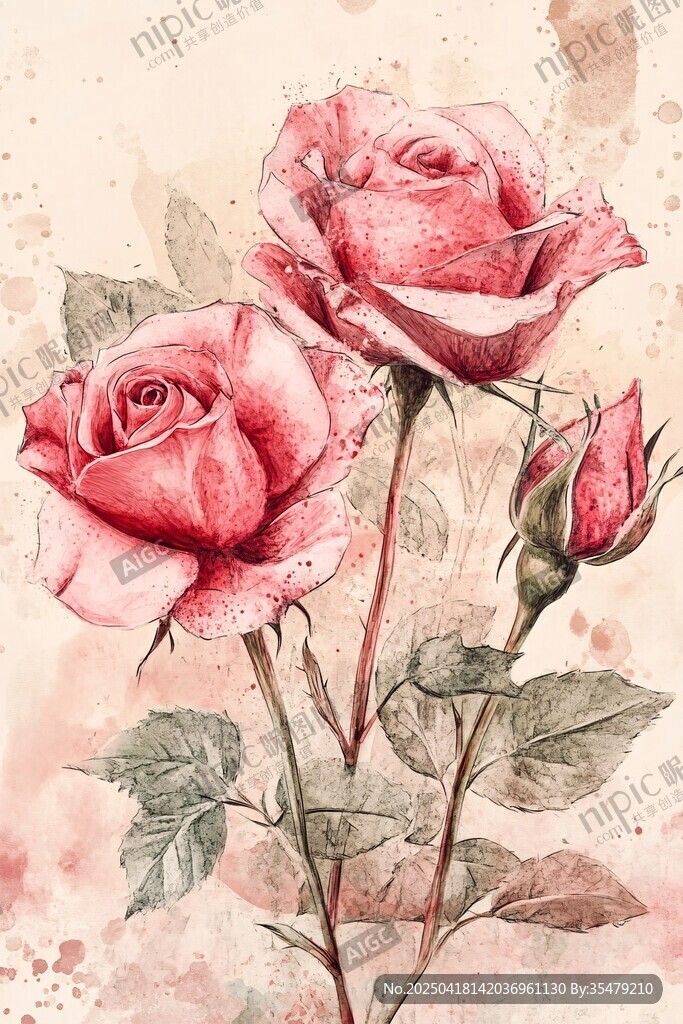 復古風粉色玫瑰花插畫