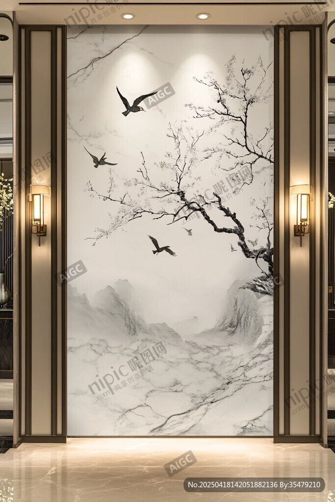 中式山水飛鳥玄關(guān)背景墻