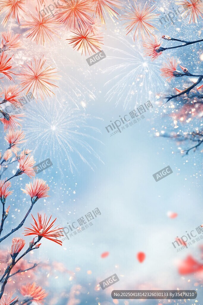 煙花綻放下的爛漫花枝