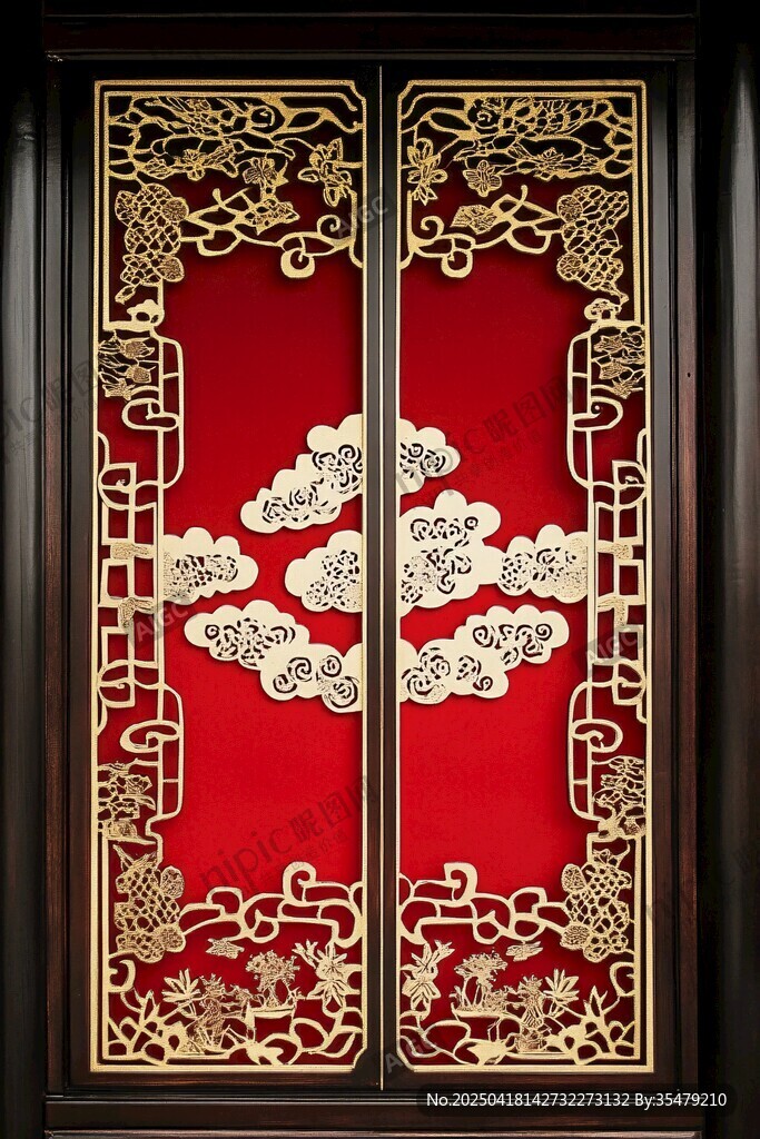 中式紅金雕花雙開屏風