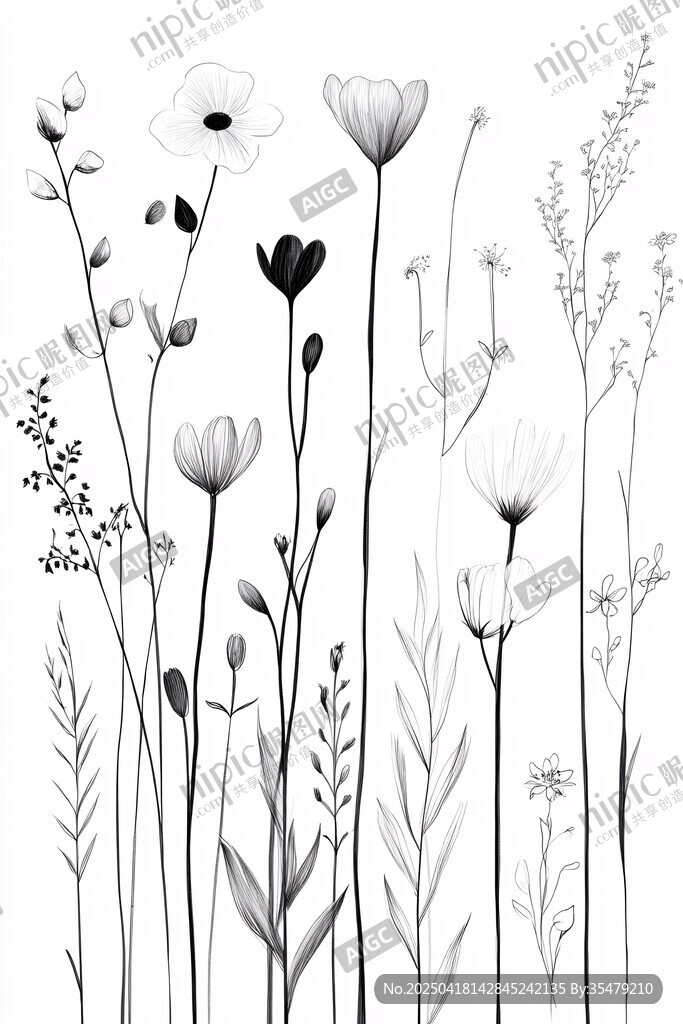 黑白花卉插畫