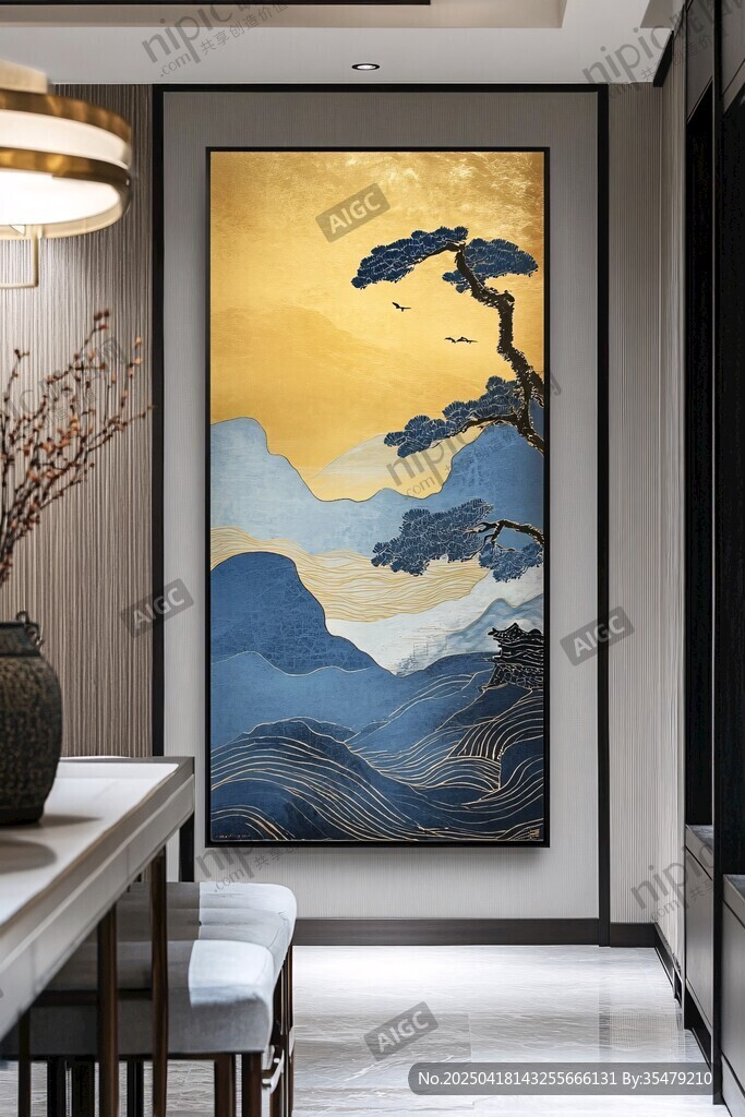 中式玄關(guān)處的山水松樹(shù)掛畫(huà)