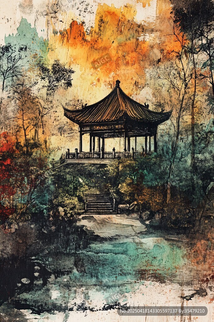 秋景中式亭水墨畫意境