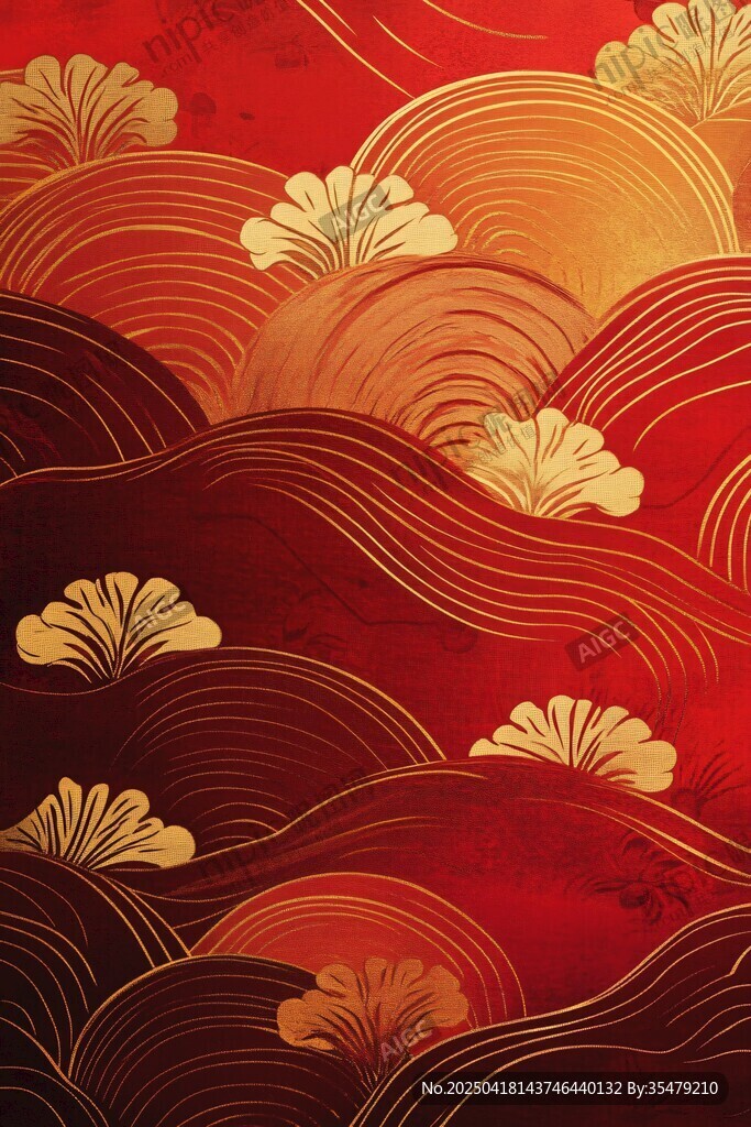 中式紅金海浪云紋圖案