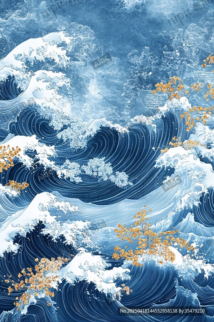 藍白海浪間點綴金色元素