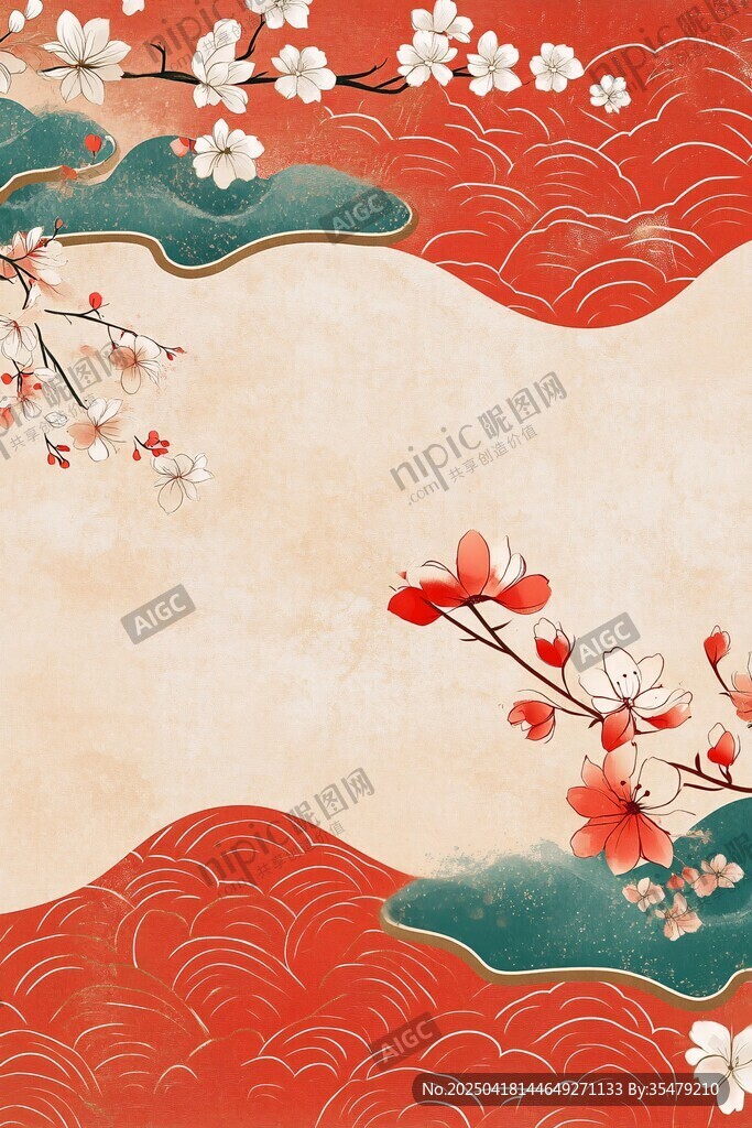 中式和風櫻花海浪背景圖
