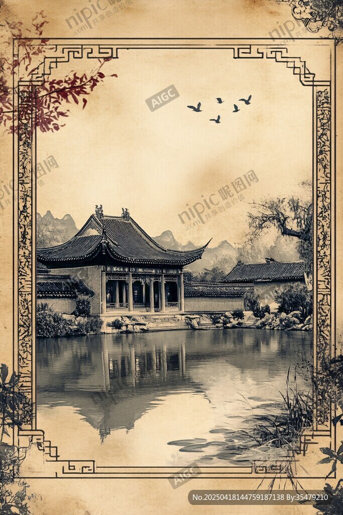 中式古典庭院湖景水墨畫