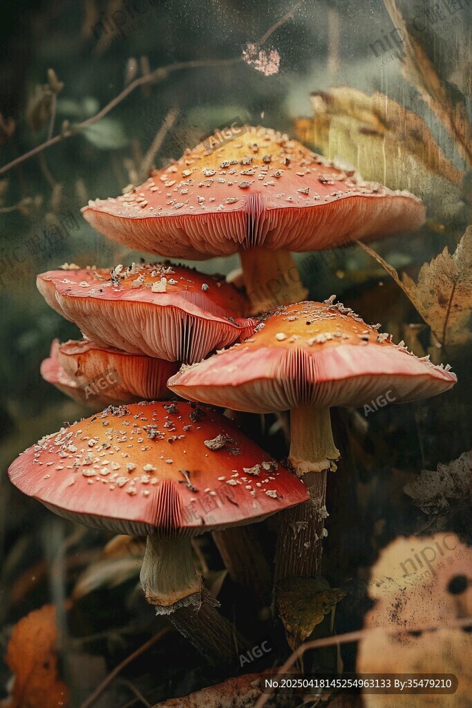 鮮艷毒蘑菇生長(zhǎng)于草叢間