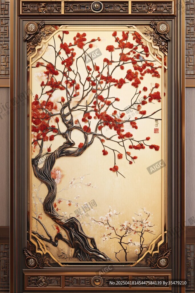 中式梅花屏風(fēng)裝飾畫