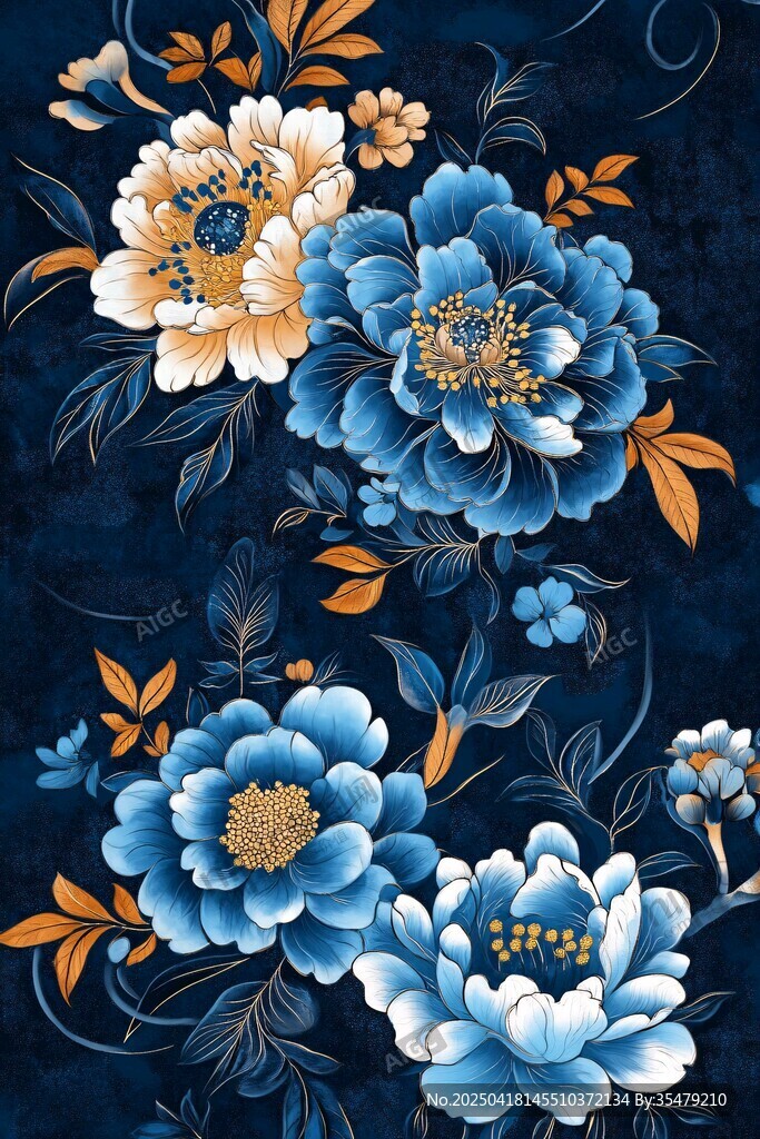 藍底花卉圖案裝飾畫