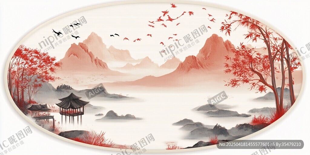 中式山水意境圓形裝飾畫