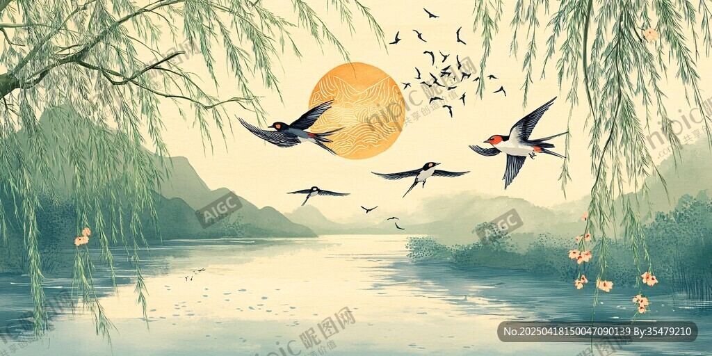春日燕舞河畔美景