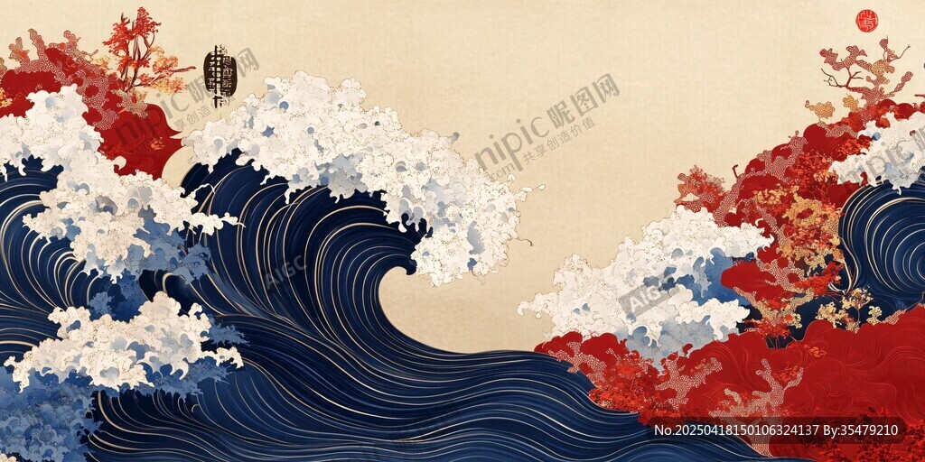 神奈川沖浪里風(fēng)格海浪插畫