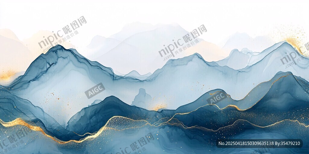 水墨藍金山水意境圖
