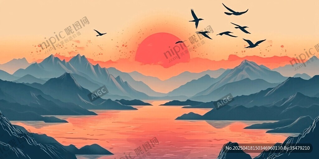 夕陽下飛鳥掠過山水畫卷
