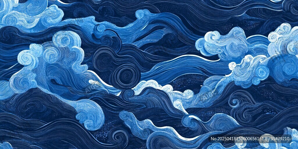 藍色海浪中式紋理圖案