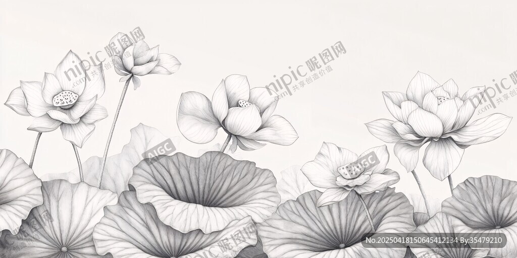 黑白素描荷花荷葉圖