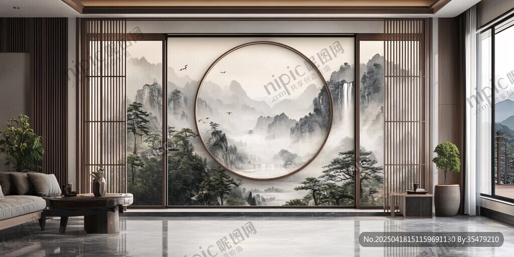 中式客廳山水屏風雅致空間