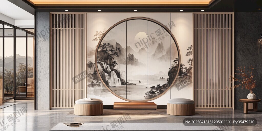 中式客廳的山水圓形屏風(fēng)