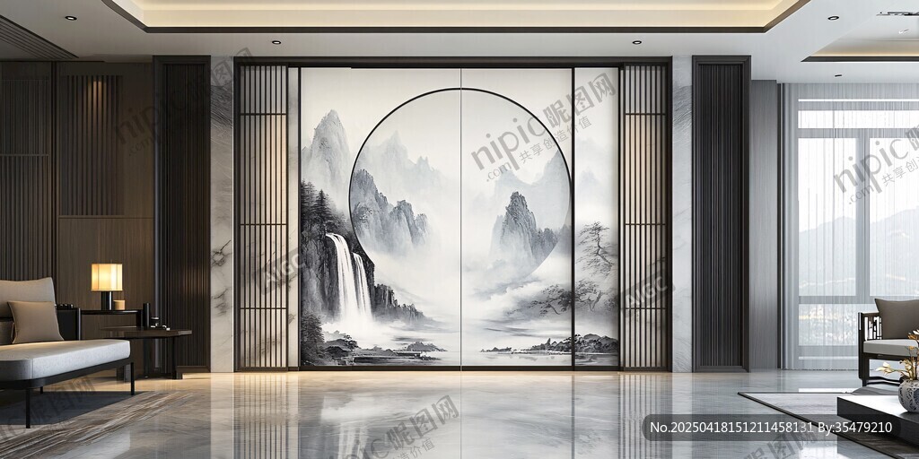 中式山水風(fēng)客廳背景墻設(shè)計(jì)