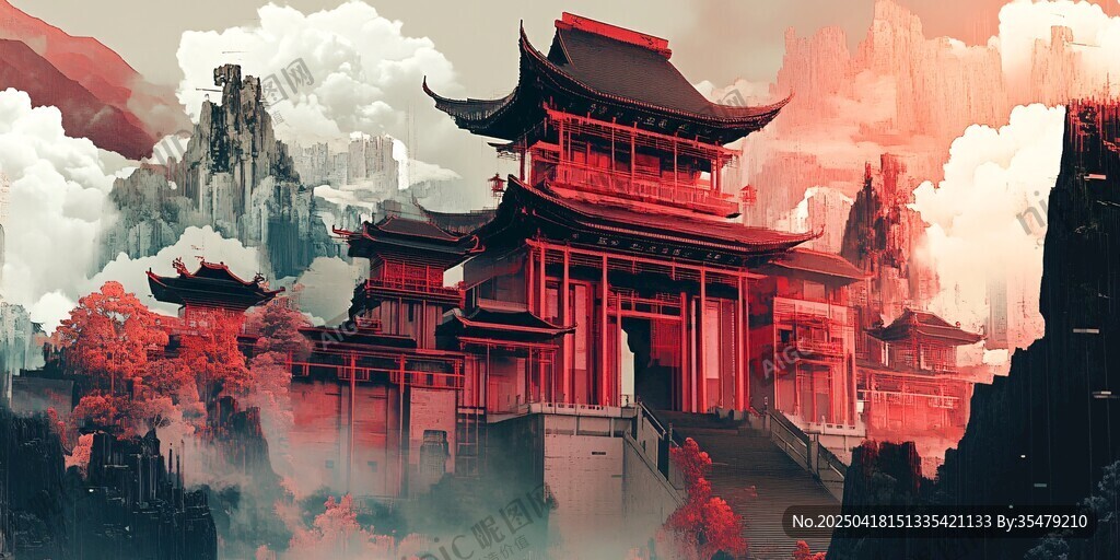 夢(mèng)幻中式古建筑云霧景觀