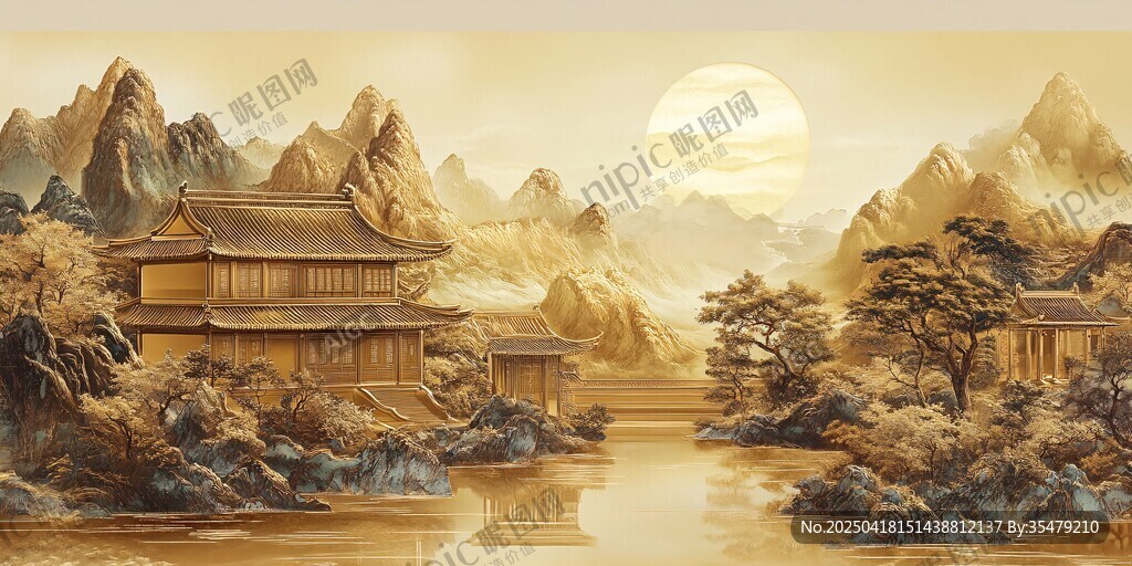 古風山水間的亭臺樓閣