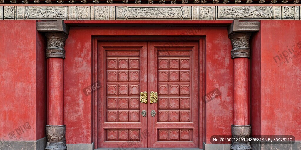 中式紅墻木門古建筑景致