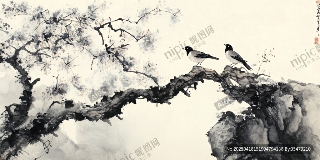雙鳥棲松圖
