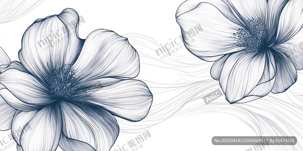 藍(lán)白花卉線條插畫圖案