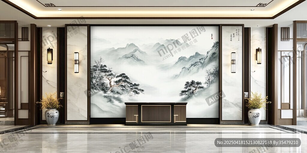 中式大廳水墨山水背景墻