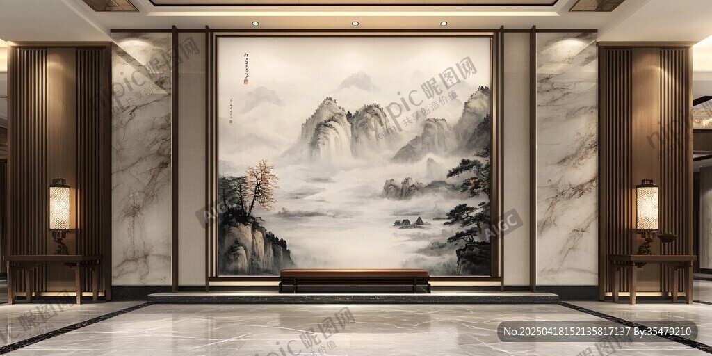 中式客廳山水壁畫裝飾