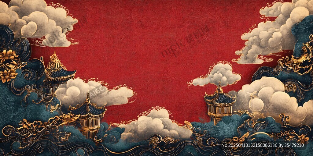 中式古風云海樓閣背景圖