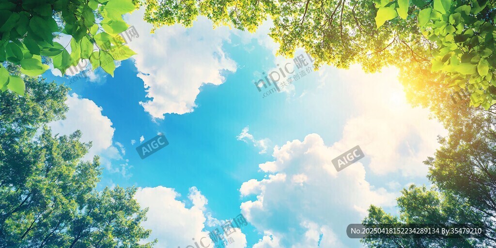 仰視藍天綠樹陽光美景