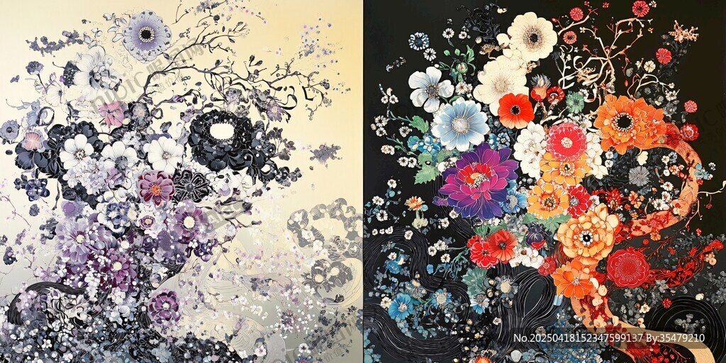 絢麗花卉雙拼藝術(shù)畫作