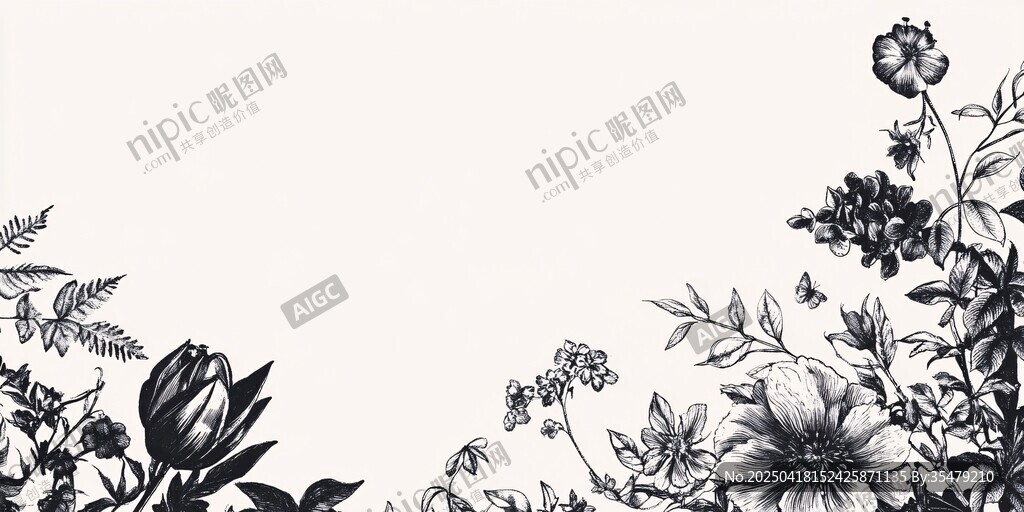 黑白花卉邊框圖案設計