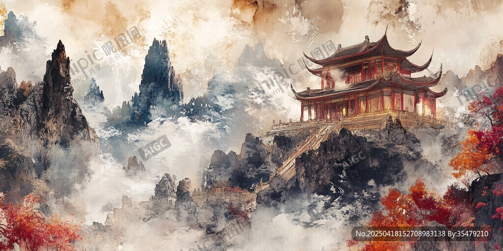 水墨山巒中的古韻樓閣