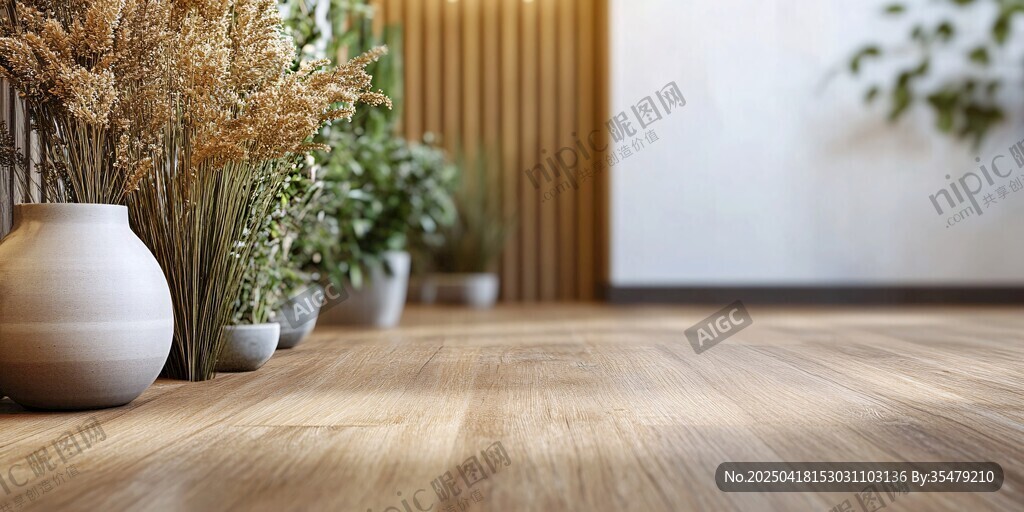 室內(nèi)木質(zhì)地板與綠植擺件