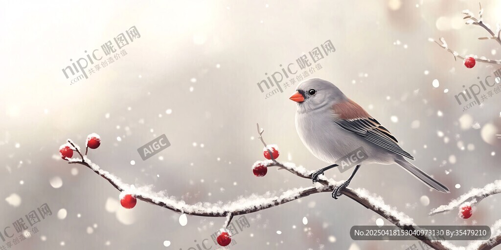 雪中鳥(niǎo)兒棲于紅果枝頭
