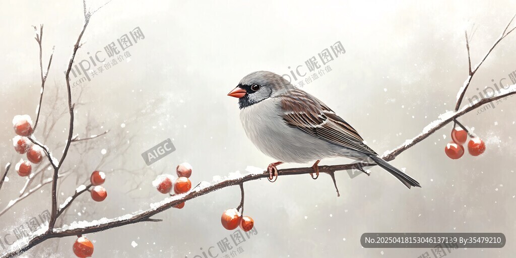 雪枝上的小鳥與紅果
