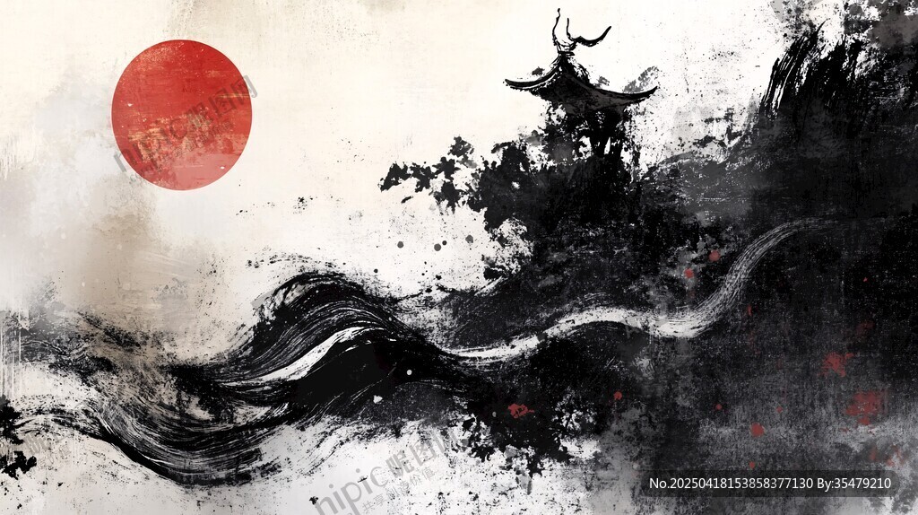 水墨古風 紅日下的奇幻景象
