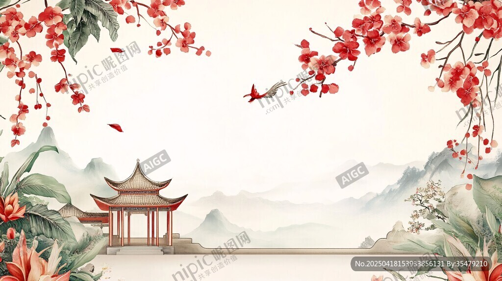 中式古風(fēng)庭院花鳥景致