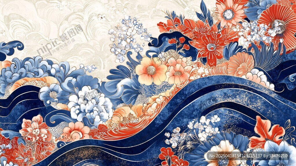 中式海浪花卉國風(fēng)插畫